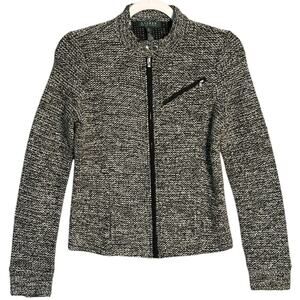 Lauren Ralph Lauren Sz S Full Zip Tweed Boucle Moto Jacket Mock Neck Zip Pockets
